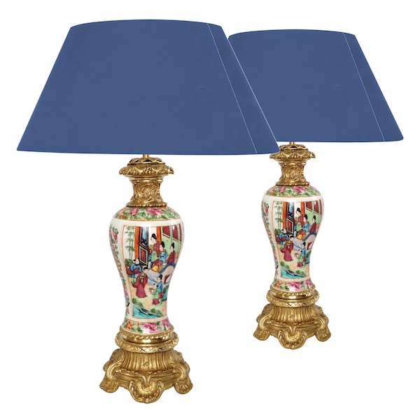 Pair of tall Canton porcelain and ormolu lamp bases or potiches