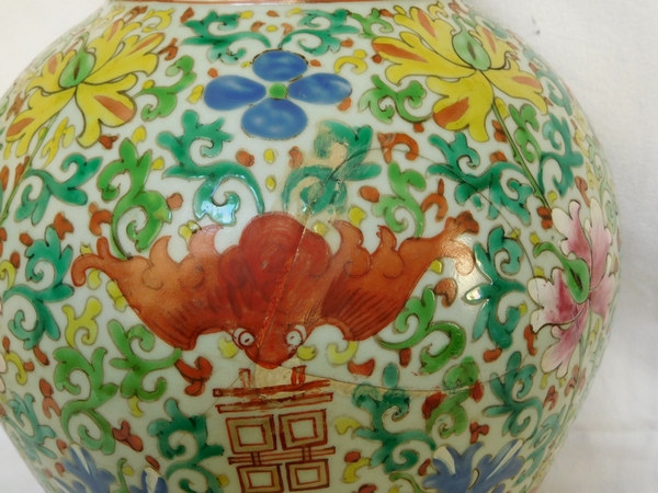 Grande potiche - pied de lampe en porcelaine de Chine famille verte, époque XIXe