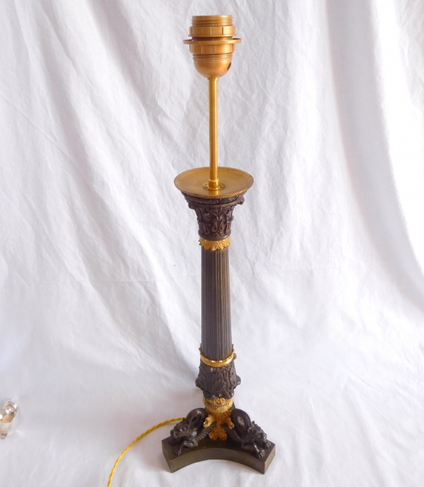 Tall Empire ormolu & patinated bronze lamp - 19th century - 64cm
