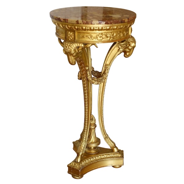 Athénienne guéridon en bois sculpté et doré de style Louis XVI, marbre brèche d'Alep
