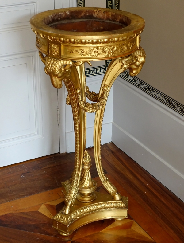 Athénienne guéridon en bois sculpté et doré de style Louis XVI, marbre brèche d'Alep