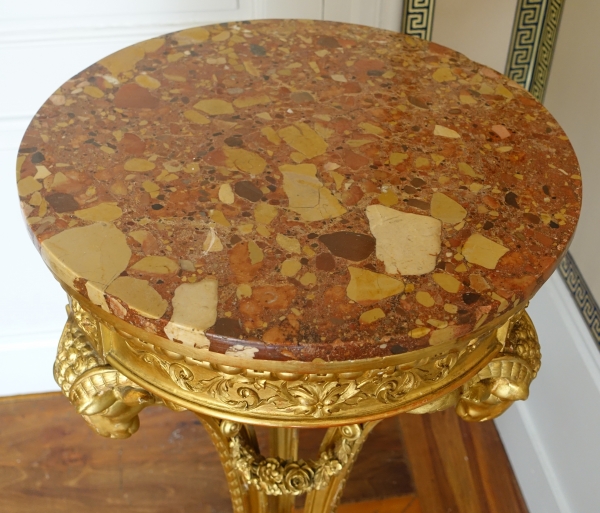 Athénienne guéridon en bois sculpté et doré de style Louis XVI, marbre brèche d'Alep