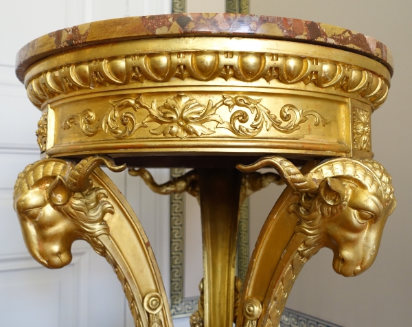 Athénienne guéridon en bois sculpté et doré de style Louis XVI, marbre brèche d'Alep