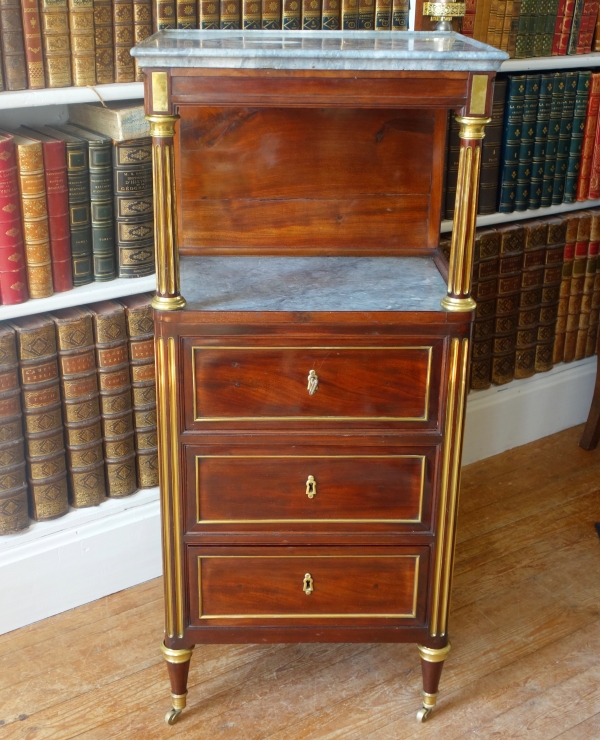 Barbière table de toilette d'époque Louis XVI Directoire en acajou et marbre bleu Turquin