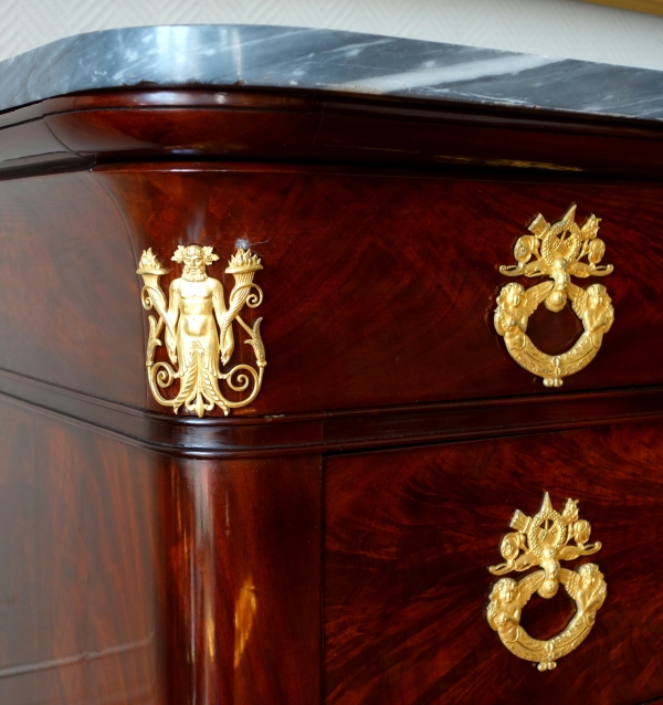 French Empire mahogany and ormolu chest of drawers / commode - blue marble