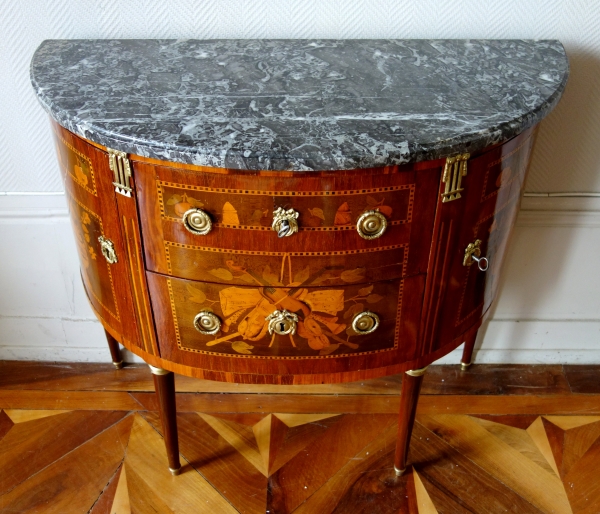 Louis XVI half-moon marquetry commode / chest of drawers, stamped - 18th century