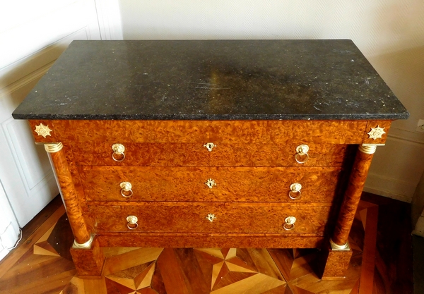 Rare burr wood Empire commode / chest of drawers, ormolu decoration