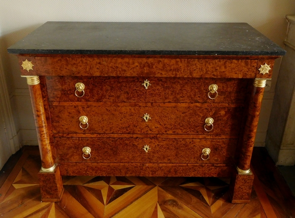 Rare burr wood Empire commode / chest of drawers, ormolu decoration