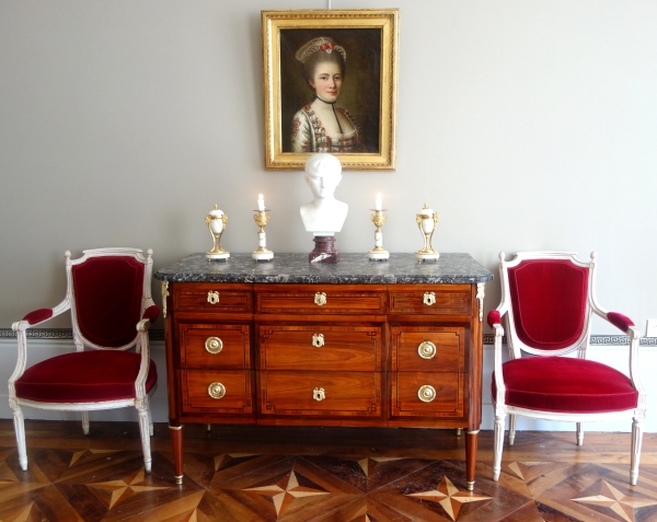 Louis XVI rosewood marquetry commode / chest of drawers - signed Sar