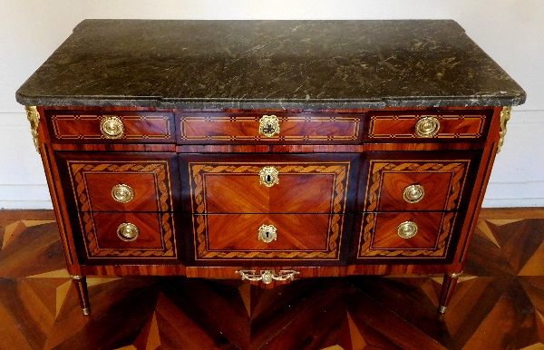 Louis XVI marquetry commode / chest of drawers stamped Reizell, 18th century