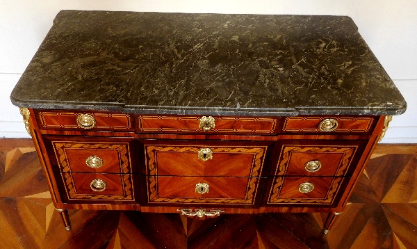 Louis XVI marquetry commode / chest of drawers stamped Reizell, 18th century