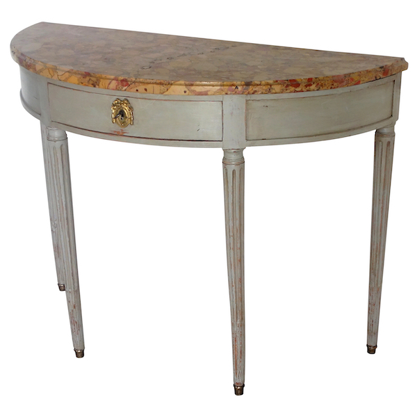 Louis XVI half-moon-shaped console, patinated wood, breche marble on top, 18th century
