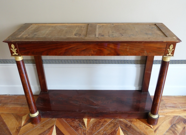 Grande console d'époque Empire en acajou, bronze doré et marbre bleu Turquin - 129cm