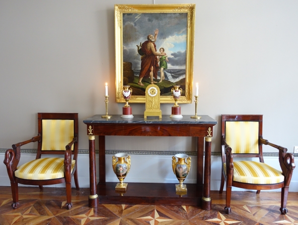 Grande console d'époque Empire en acajou, bronze doré et marbre bleu Turquin - 129cm