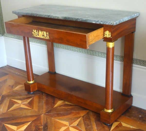 Empire mahogany and ormolu console, blue marbre on top - early 19th century circa 1810