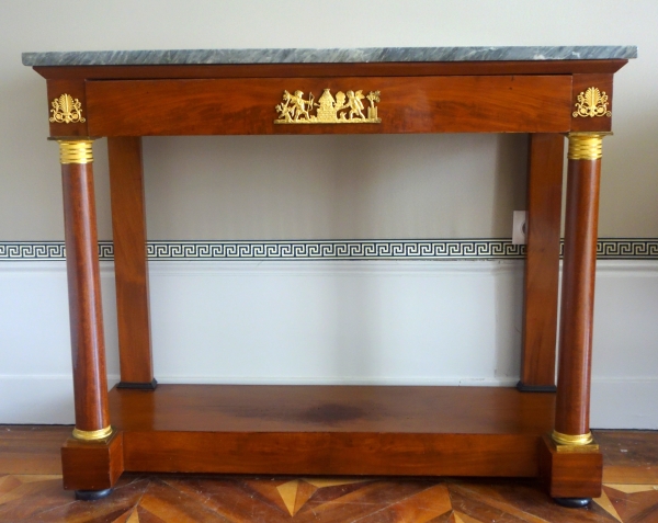 Empire mahogany and ormolu console, blue marbre on top - early 19th century circa 1810