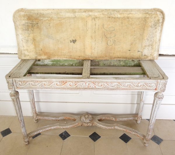 Console desserte de vestibule d'époque Louis XVI, bois patiné et marbre