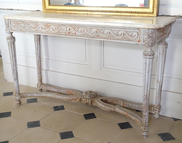 Console desserte de vestibule d'époque Louis XVI, bois patiné et marbre