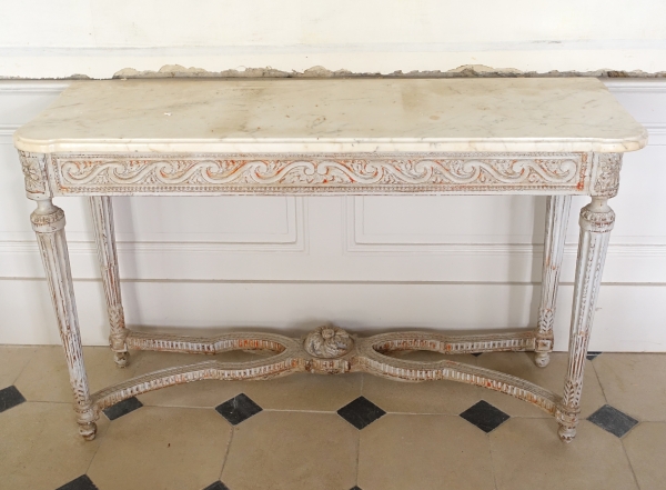 Console desserte de vestibule d'époque Louis XVI, bois patiné et marbre