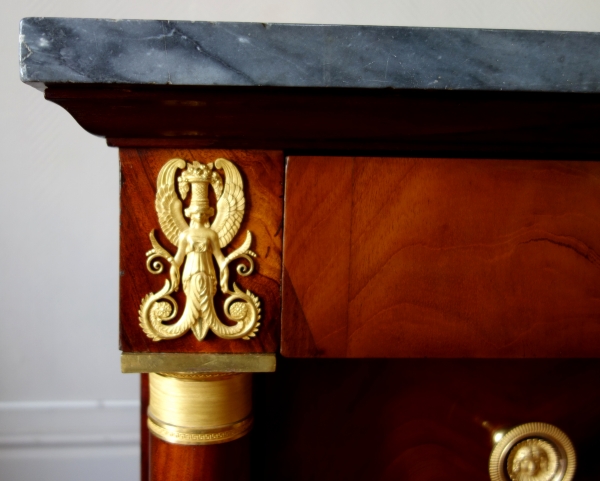 Secrétaire et commode en suite d’époque Empire, acajou, bronze doré, marbre bleu Turquin