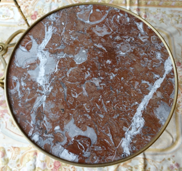 Pair of bronze, marble and mahogany pedestal tables after Weisweiler, Louis XVI style