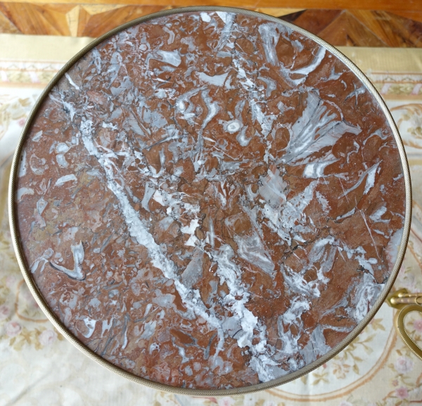 Pair of bronze, marble and mahogany pedestal tables after Weisweiler, Louis XVI style