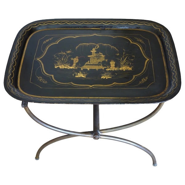 Lacquered sheet metal tray turned into a coffee table in the taste of Madeleine Castaing