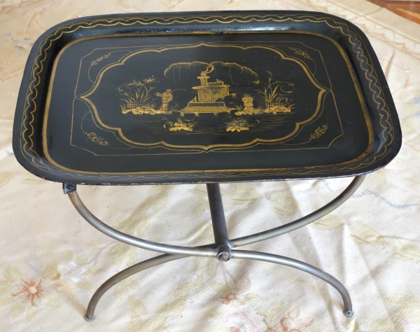 Lacquered sheet metal tray turned into a coffee table in the taste of Madeleine Castaing