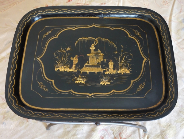 Lacquered sheet metal tray turned into a coffee table in the taste of Madeleine Castaing