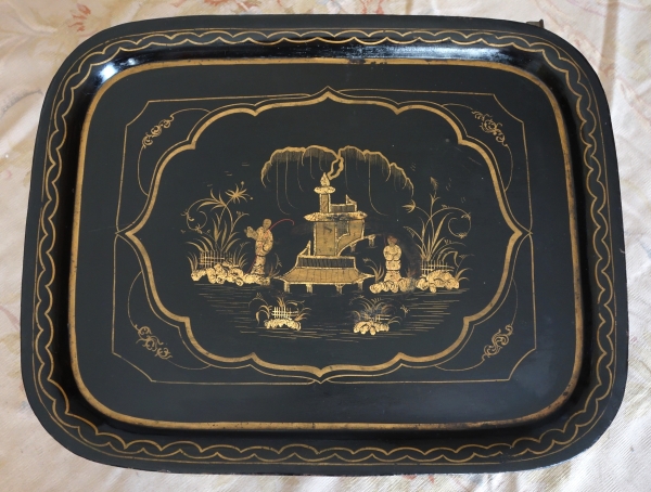 Lacquered sheet metal tray turned into a coffee table in the taste of Madeleine Castaing