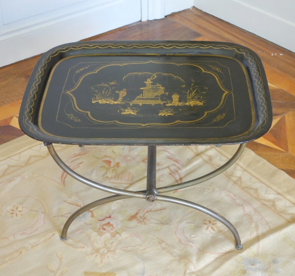 Lacquered sheet metal tray turned into a coffee table in the taste of Madeleine Castaing