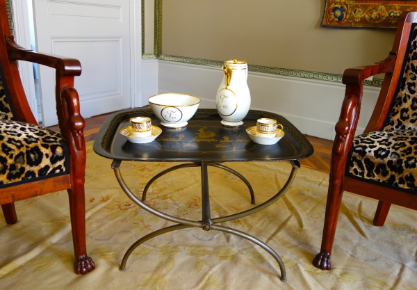 Lacquered sheet metal tray turned into a coffee table in the taste of Madeleine Castaing