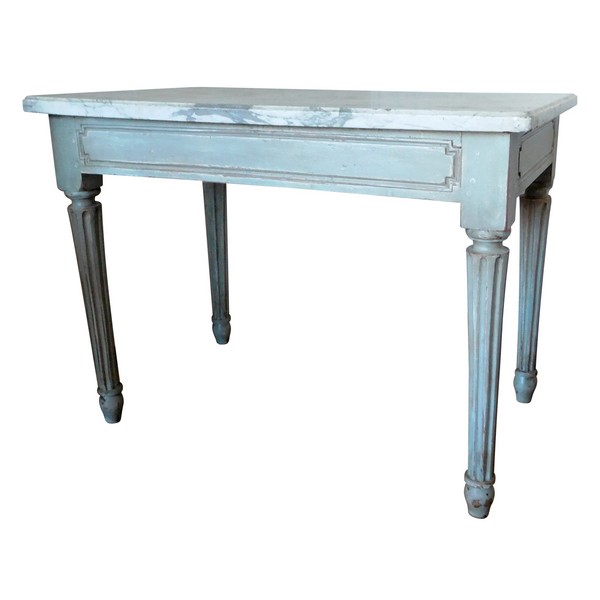 Table à gibier console d'époque Louis XVI, bois patiné et épais plateau de marbre