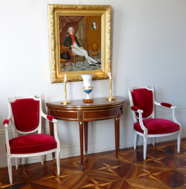 Table demi-lune à 5 usages en acajou moucheté et bronze doré - époque Louis XVI