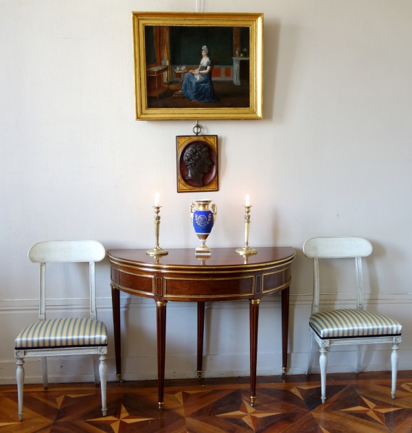 Table demi-lune à 5 usages en acajou moucheté et bronze doré - époque Louis XVI
