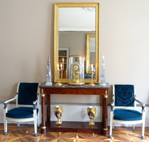 Tall Empire mantel mirror, gold leaf gilt wood frame, mercury gilt - 157cm x 90cm