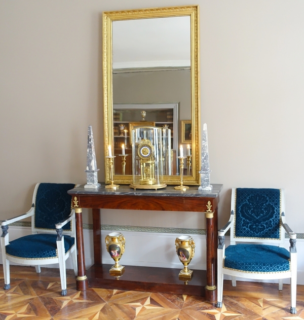 Tall Empire mantel mirror, gold leaf gilt wood frame, mercury gilt - 157cm x 90cm