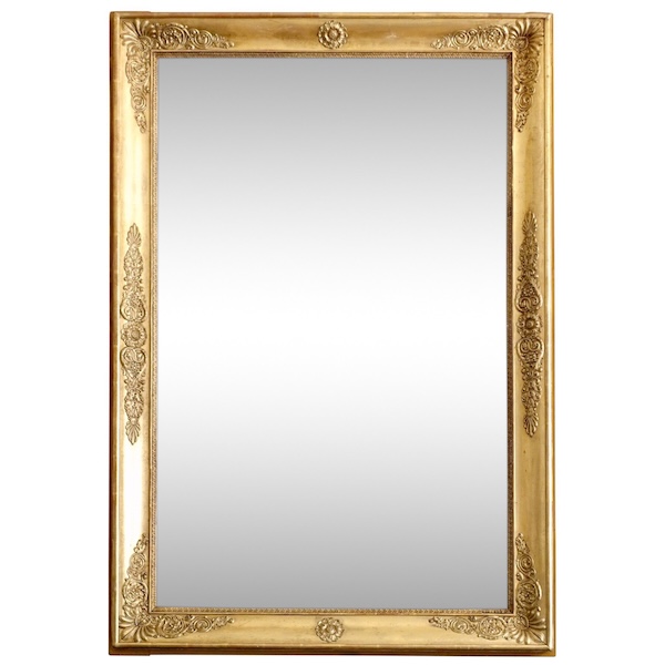 Grand miroir de cheminée Empire en bois doré à l'or fin, glace au mercure - 96cm x 142,5cm