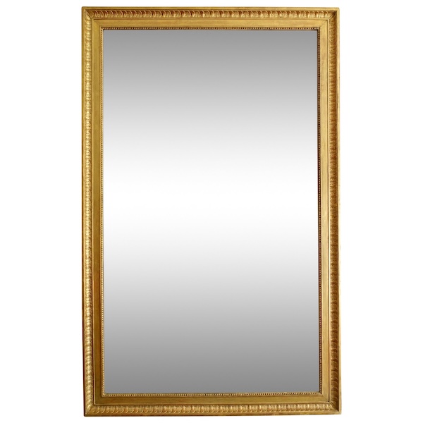 Grand miroir de cheminée Louis XVI Directoire doré à l'or fin, glace au mercure - 161cm x 102,5cm