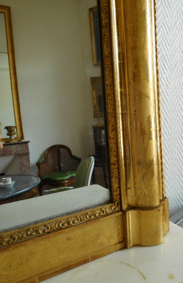 Antique French gilt wood mirror, mercury glass, circa 1850
