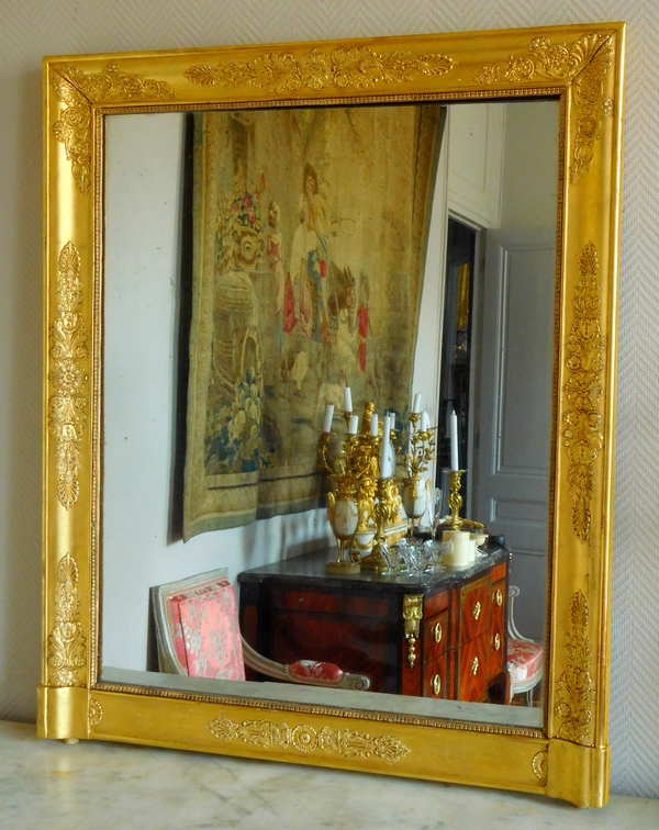 Miroir de cheminée d'époque Empire Restauration en bois doré à glace au mercure - 80,5cm x 97cm
