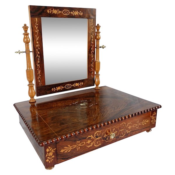 Miroir psyché de table ou de toilette d'époque Charles X en marqueterie de palissandre