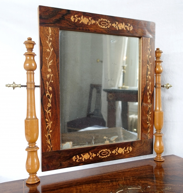 Miroir psyché de table ou de toilette d'époque Charles X en marqueterie de palissandre