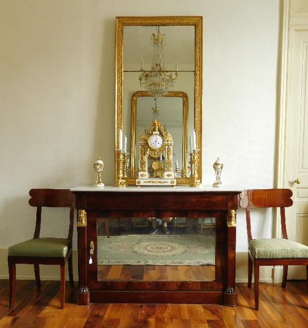 Miroir de cheminée en bois doré, glace au mercure en 2 parties, époque Empire, 76cm x 146cm