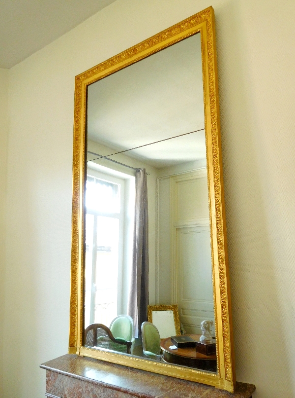 Grand miroir de cheminée, cadre en bois doré, glace au mercure, époque Empire - 197cm