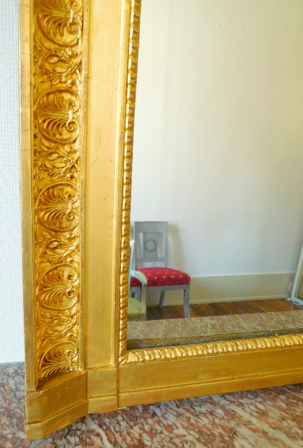 Grand miroir de cheminée, cadre en bois doré, glace au mercure, époque Empire - 197cm