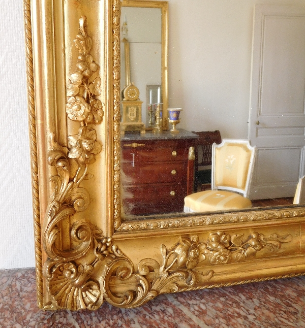 Grand miroir de cheminée, cadre en bois doré, glace au mercure, époque Napoléon III 185cm x 110cm