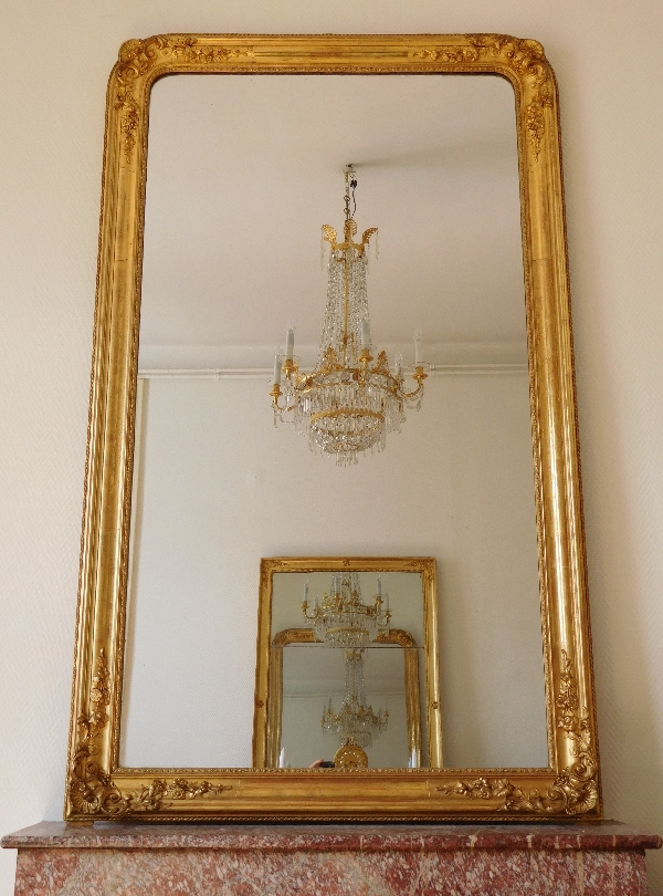 Grand miroir de cheminée, cadre en bois doré, glace au mercure, époque Napoléon III 185cm x 110cm