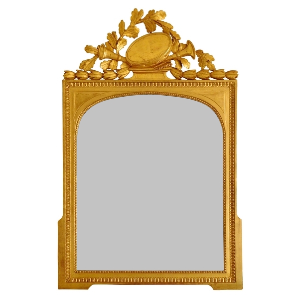 Miroir d'époque Louis XVI en bois doré au tambourin - glace au mercure biseautée 74cm x 108cm