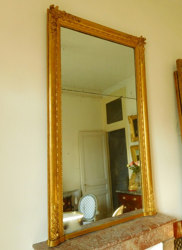 Miroir de cheminée en bois doré, glace au mercure en 2 parties, époque 1840, 110cm x 180cm